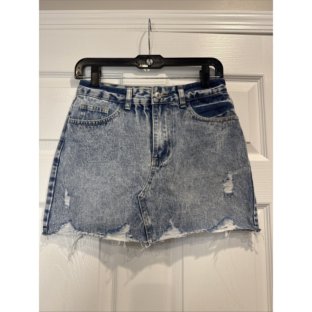 Women's Denim Acid Wash Mini Skirt Distressed Frayed Hem Size Small SHEIN
